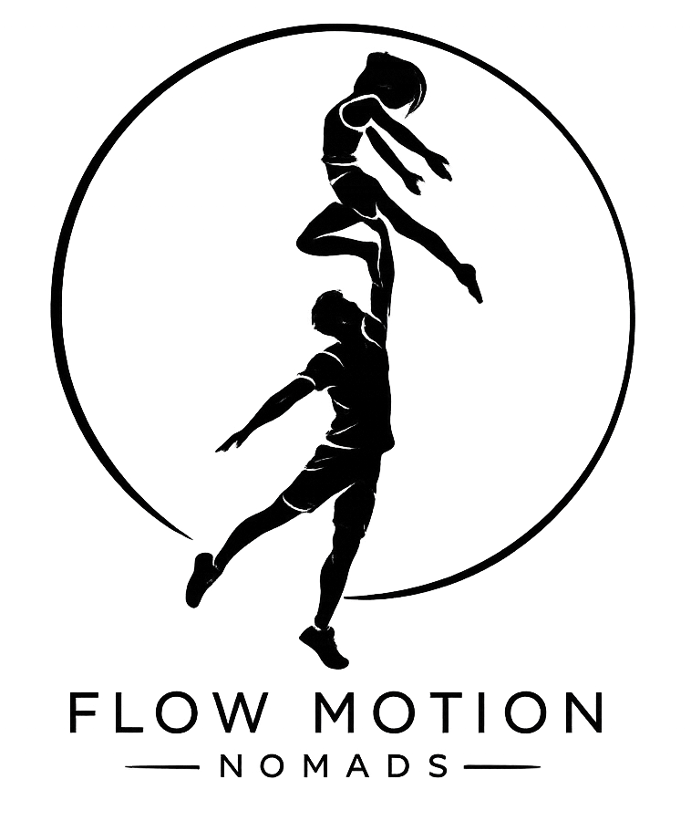 Line drawing of two children, a boy and a girl, holding hands and jumping, with a circle outline and the words "FLOW MOTION NO MADS" underneath.
