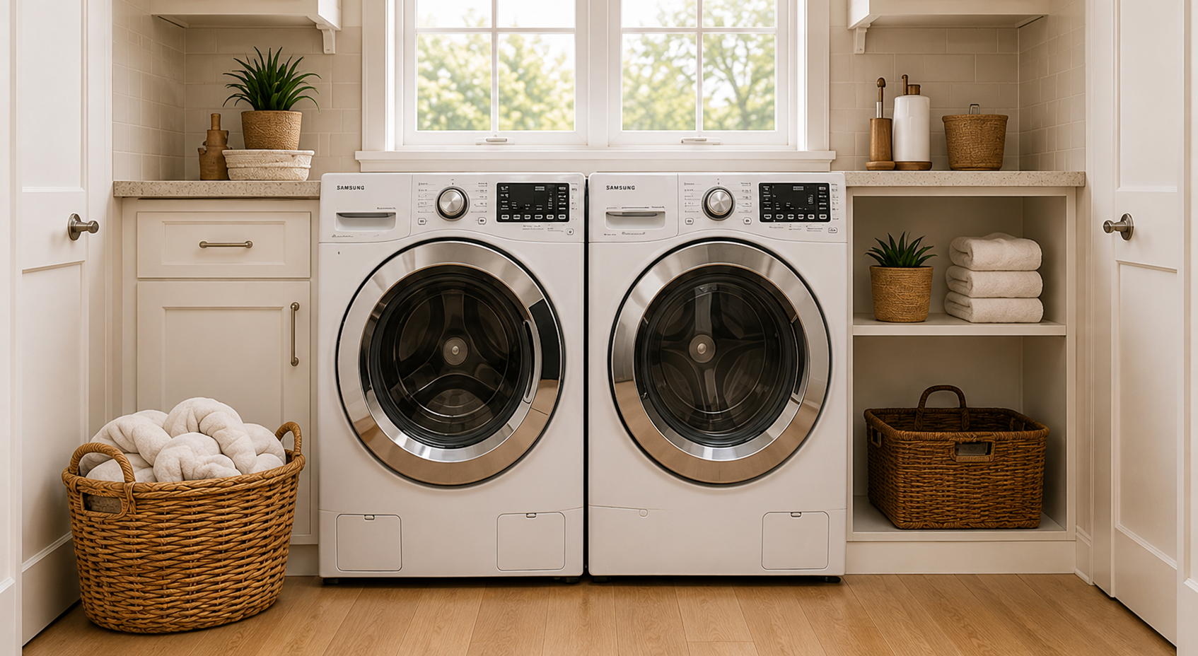 Washer and Dryer in Laundry room with laundry cloths nearby