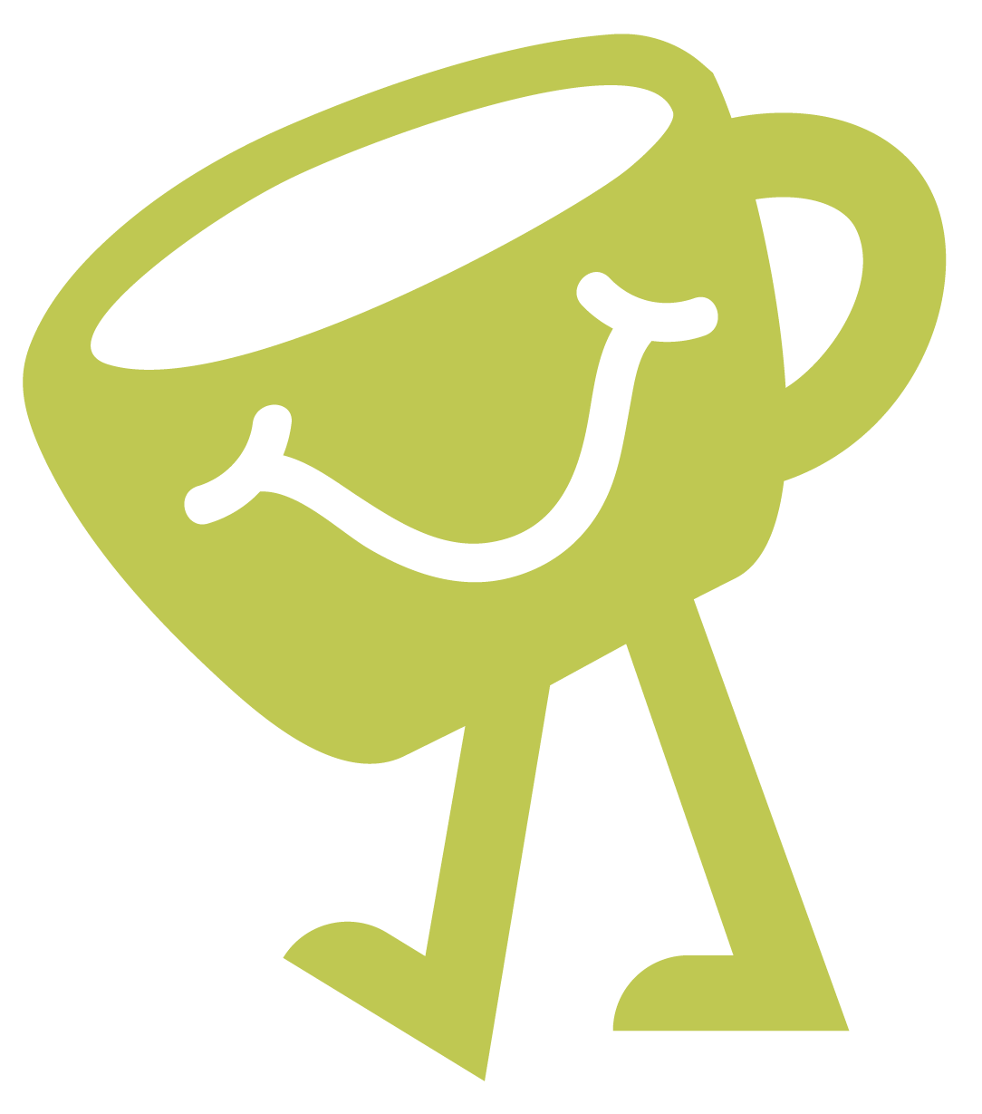 A stylized cartoon green coffee mug with a smiley face on it and steam rising from the top.