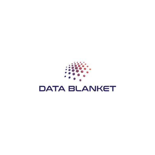 Logo with a spherical pattern of dots in red and blue, above the text "DATA BLANKET" in purple.