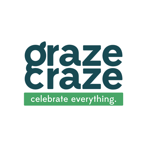 Text logo with the words "graze craze" in bold, dark blue font, and a green rectangle below with white text that says "celebrate everything."