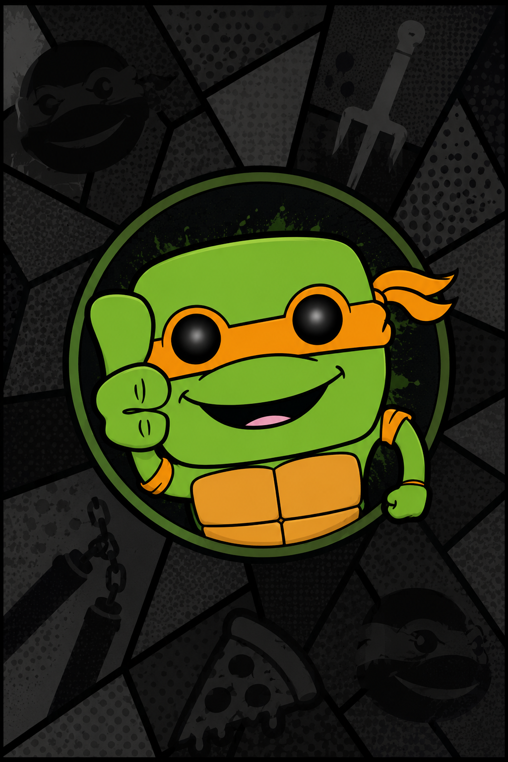 Cartoon turtle superhero with orange mask and armor giving a thumbs-up, surrounded by comic-style illustrations of weapons and chains on a dark background.