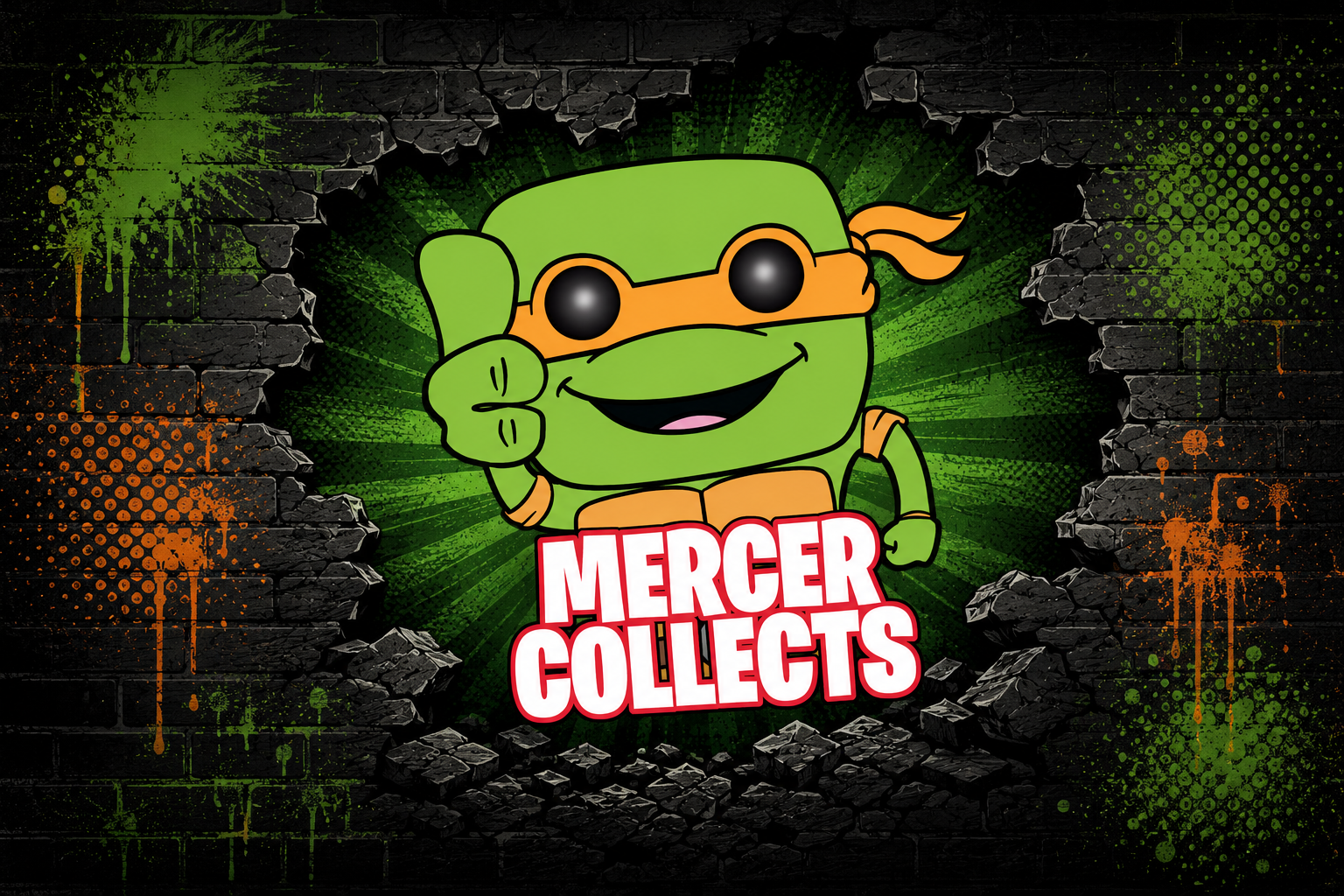 Graffiti-style art depicting a cartoon turtle superhero with green skin, orange mask, and a big smile, breaking through a brick wall. The words "Mercer Collects" are displayed in bold red and white text below the turtle, with green and orange paint splatters and graffiti effects in the background.