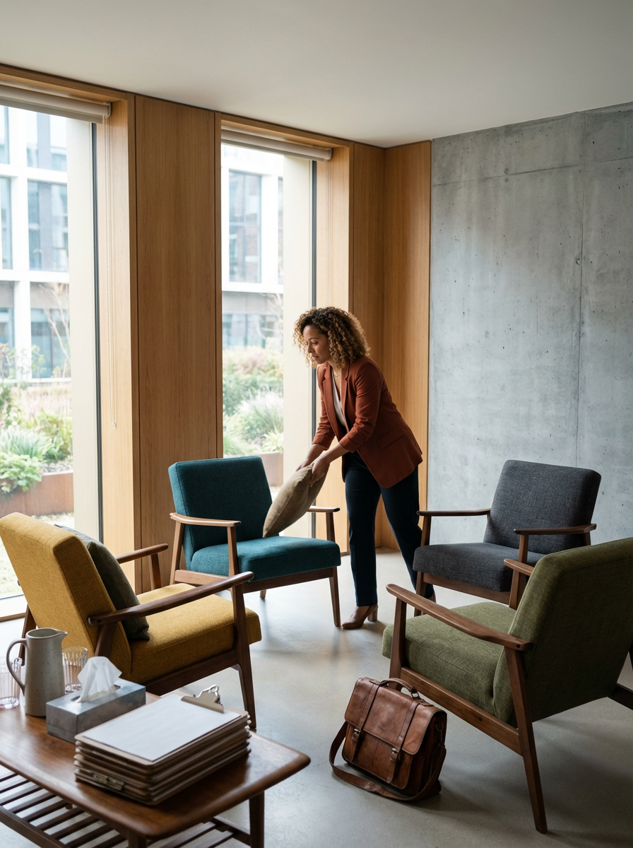 A woman in a brown blazer and dark pants arranging cushions in a modern, brightly lit room with colorful chairs and large windows.