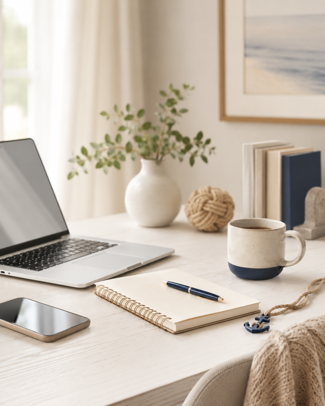 A workspace with a laptop, smartphone, notebook, pen, cup of coffee, decorative rope with an anchor, a vase with greenery, books, and a framed picture on the wall.