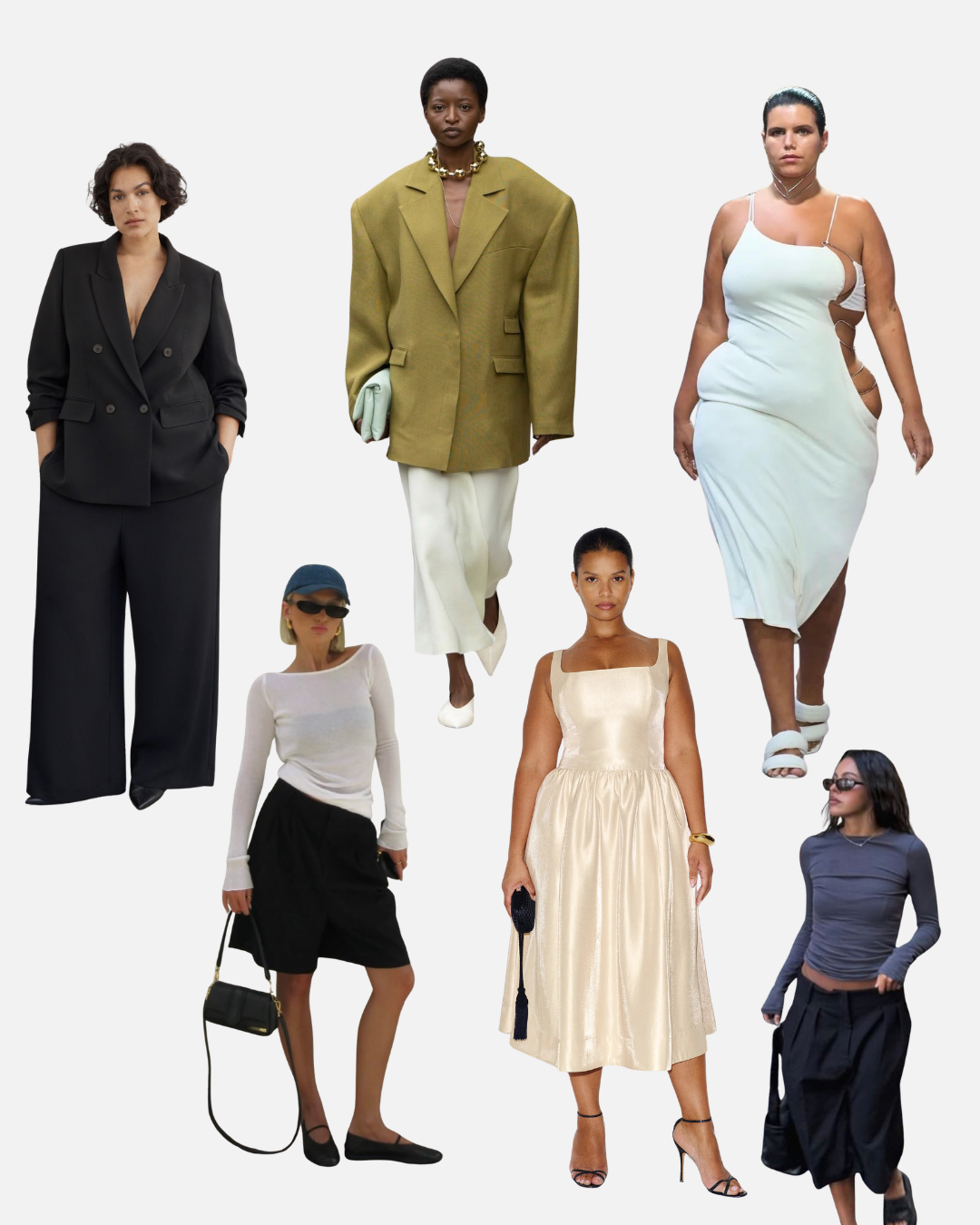 Collage of seven women in various stylish outfits, including suits, dresses, and casual wear.