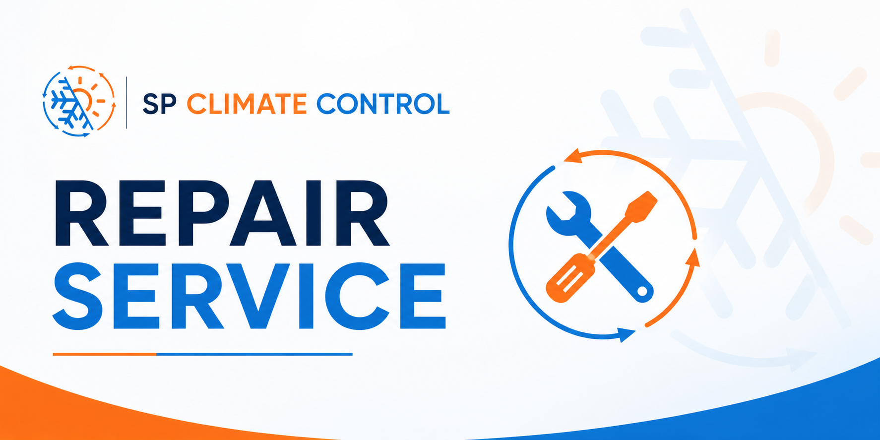 Graphic from SP Climate Control promoting repair service with icons of tools and a snowflake, with blue, orange, and white color scheme.