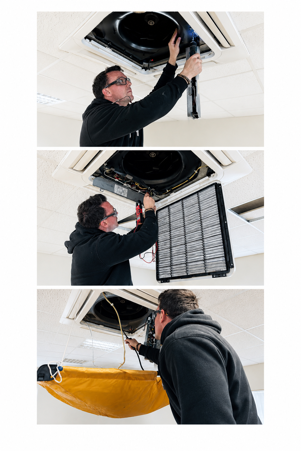 Three technicians repairing a ceiling-mounted air conditioning unit. The first technician is unscrewing the unit's cover, the second is replacing or inspecting the air filter, and the third is checking the internal components while using a large yellow drip tray to collect condensation.