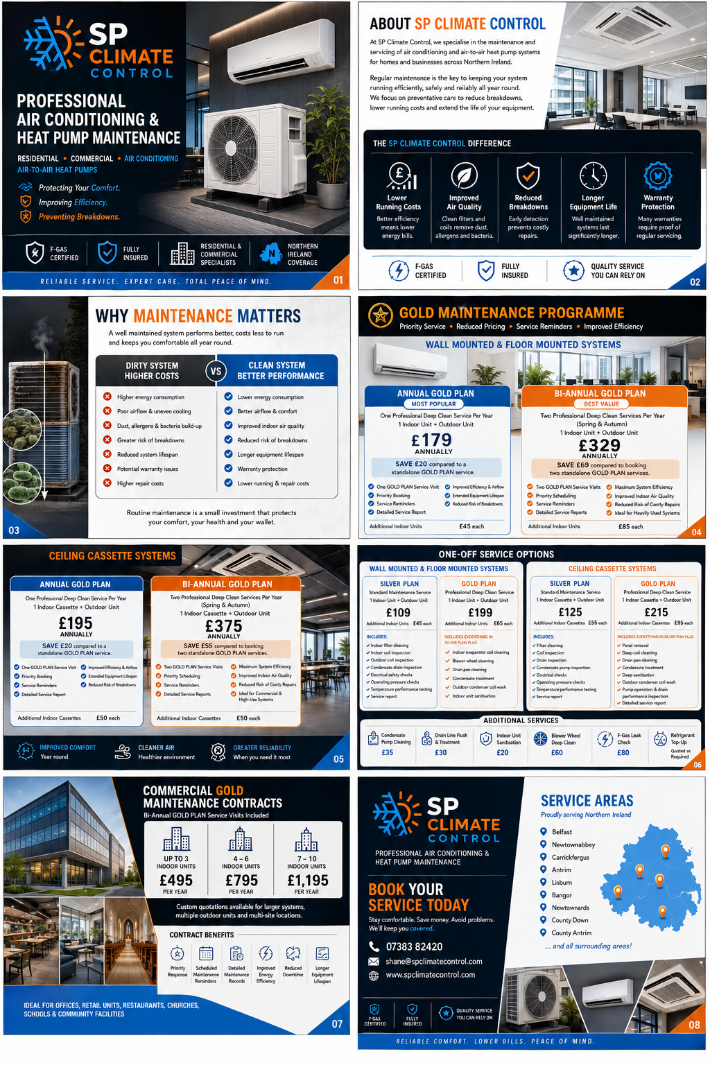 A promotional brochure for SP Climate Control showcasing air conditioning and heat pump maintenance services, price plans, service options, and service areas across Northern Ireland.