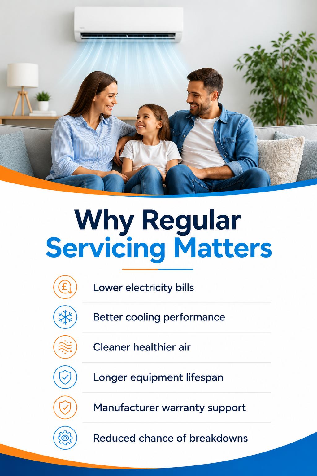 Family sitting on a sofa smiling at each other with an air conditioner above them, promoting regular servicing for HVAC benefits such as lower bills and cleaner air.