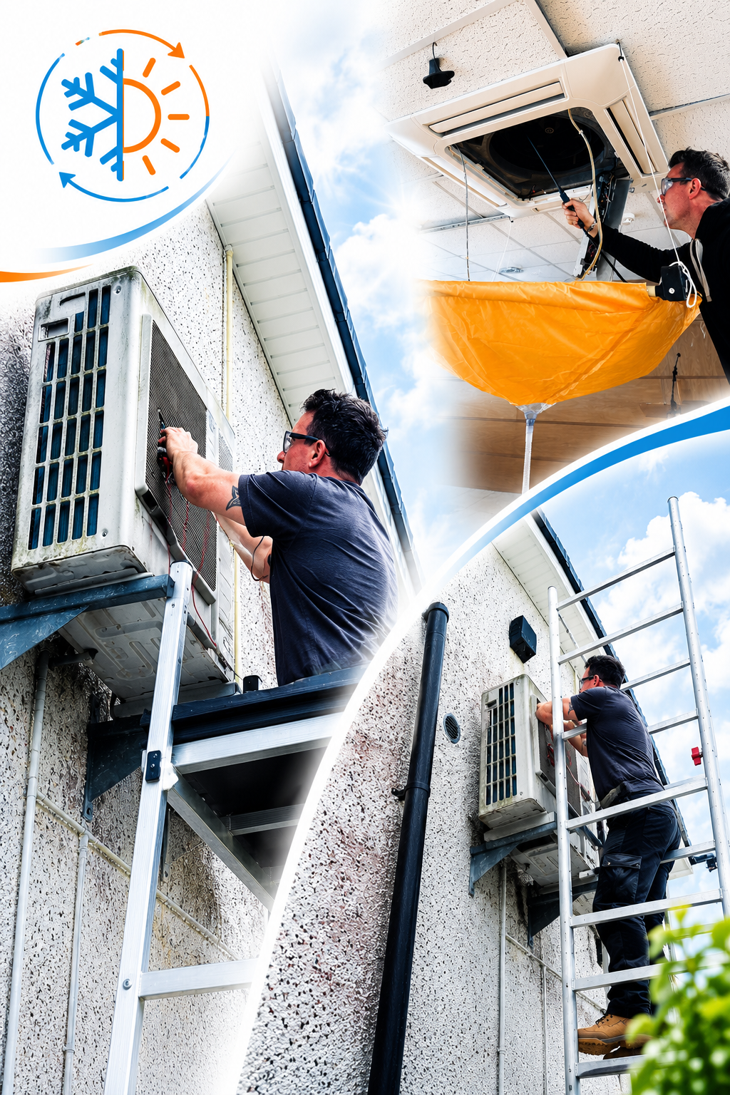 A technician repairs an outdoor air conditioning unit on a house wall, using a ladder and tools, with a second image showing the technician inspecting or maintaining the indoor unit, both scenes under a sunny sky.