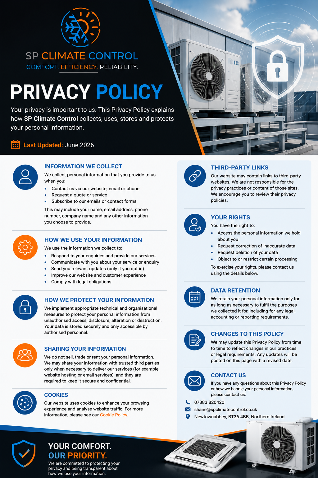 A privacy policy document from SP Climate Control with HVAC units on a building rooftop, including icons for weather, security, and data protection.