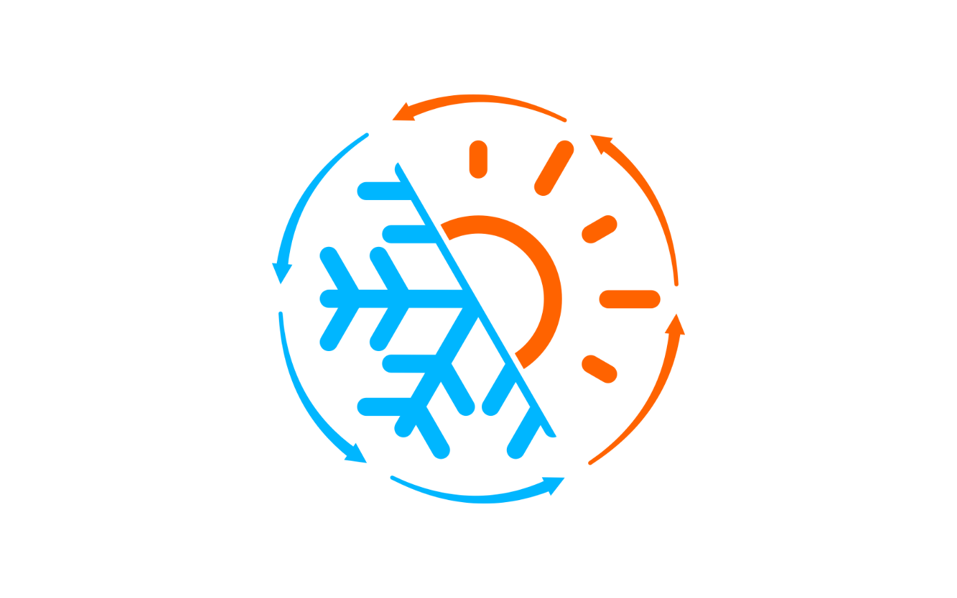 Icon representing the cycle of heating and cooling, with a blue snowflake indicating cooling on the left and an orange sun indicating heating on the right, connected by circular arrows