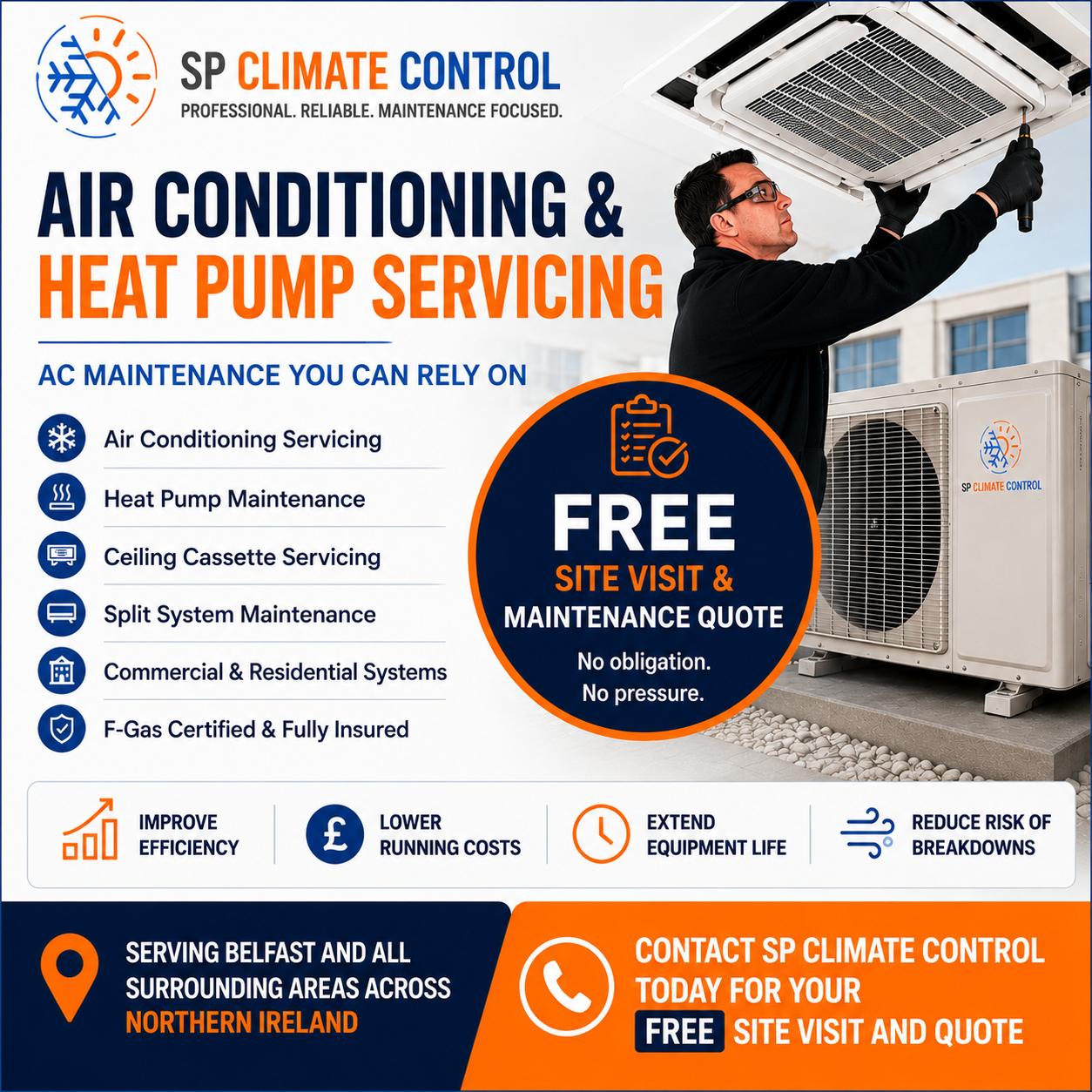 A promotional flyer for SP Climate Control advertising air conditioning and heat pump servicing with a picture of a technician working on an air conditioning unit. The flyer highlights free site visits and quotes, services offered, and coverage areas in Northern Ireland.