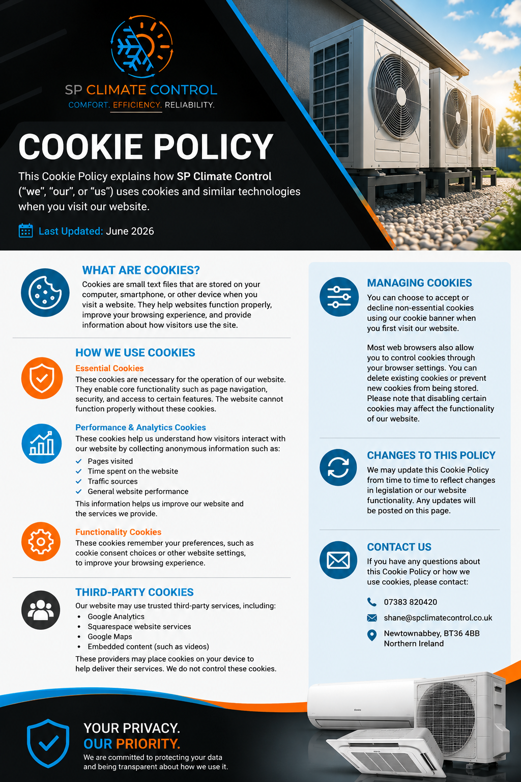 A cookie policy document from SP Climate Control, featuring their logo, information about cookie usage, managing cookies, policy updates, contact information, and an image of outdoor air conditioning units. The document emphasizes privacy and data protection.