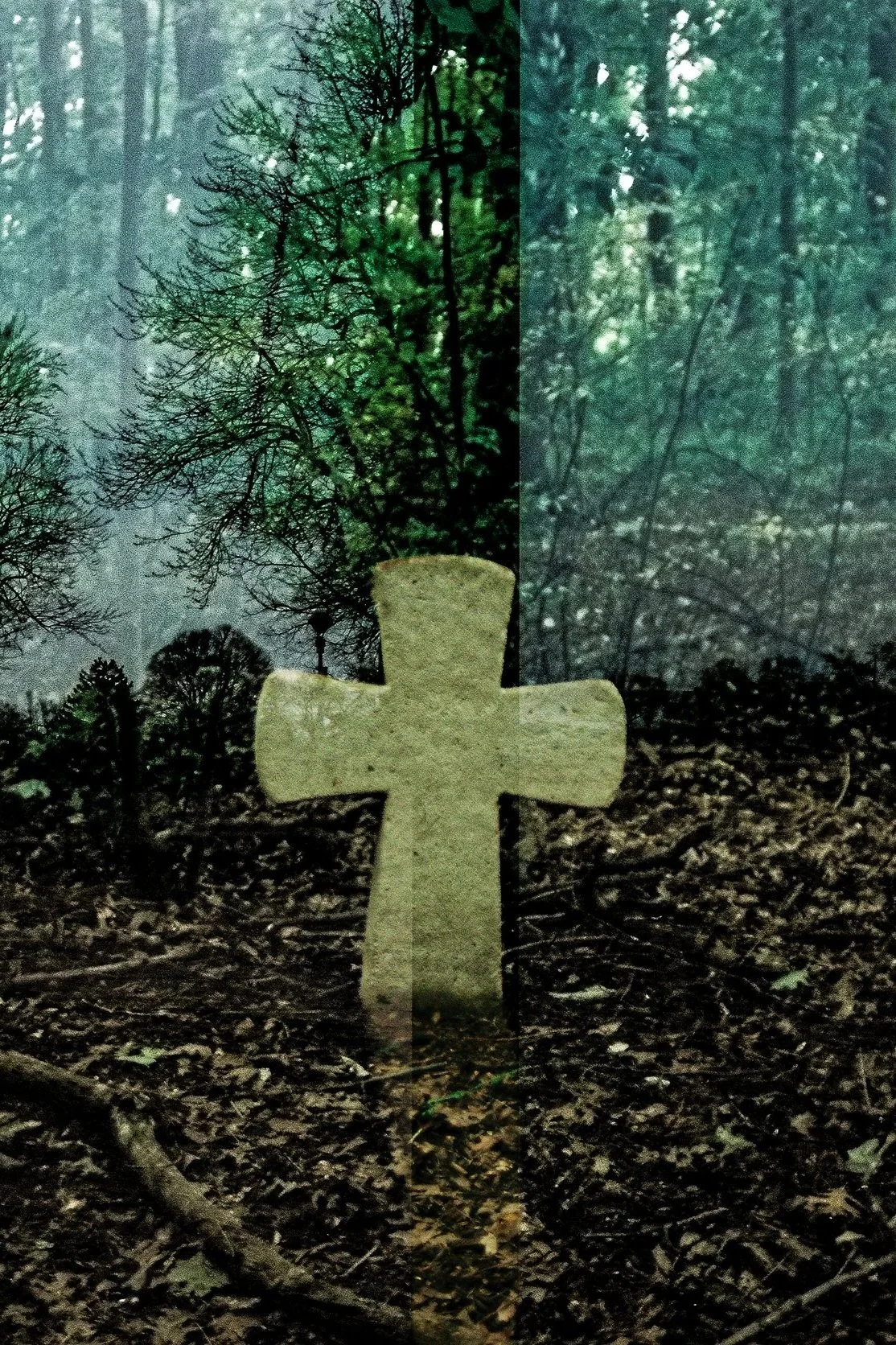 A stone cross in a forest with trees and leaves on the ground