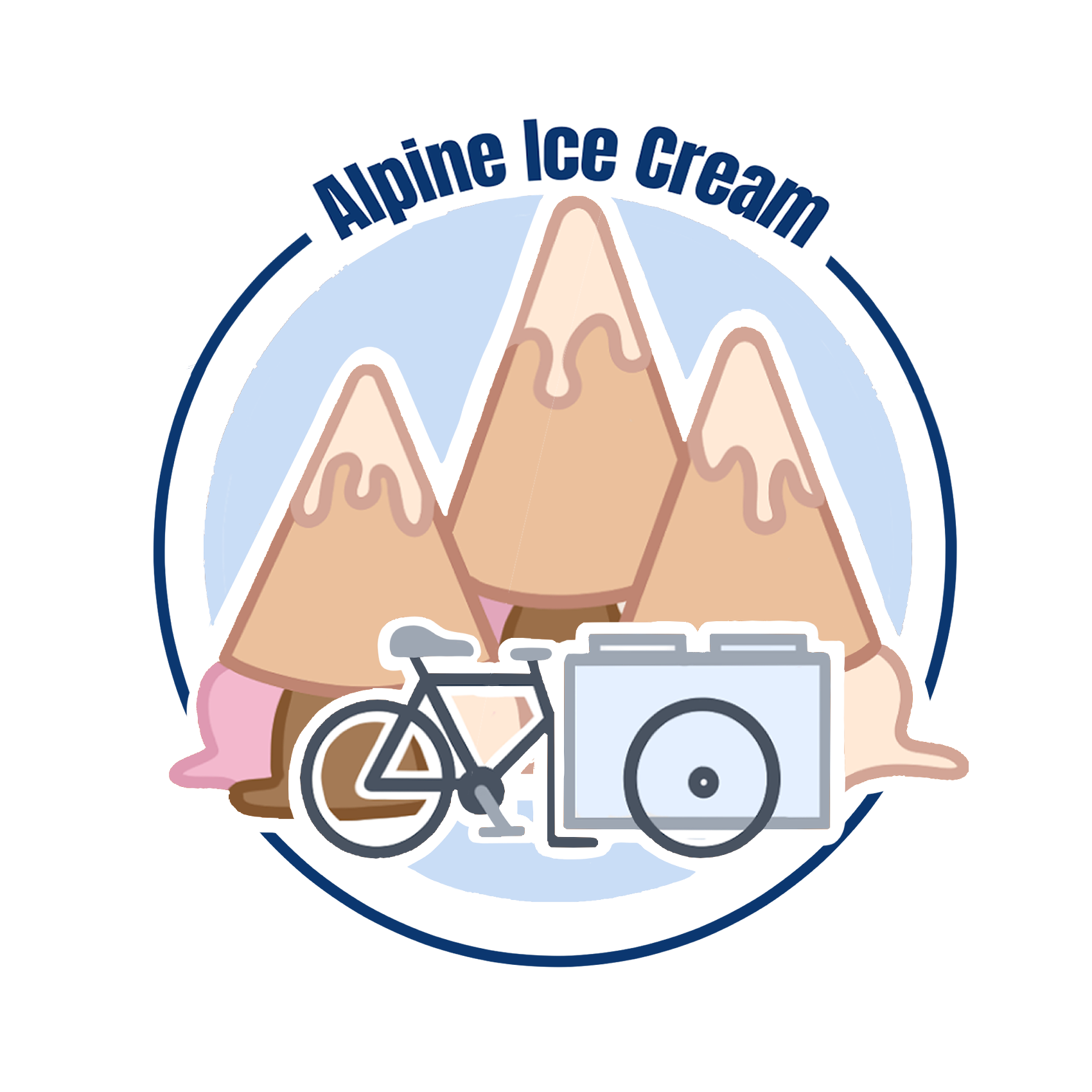 Illustration of a camera taking a photo of snow-covered mountains, with the text 'Alpine Ice Cream' curving over the mountain peaks.