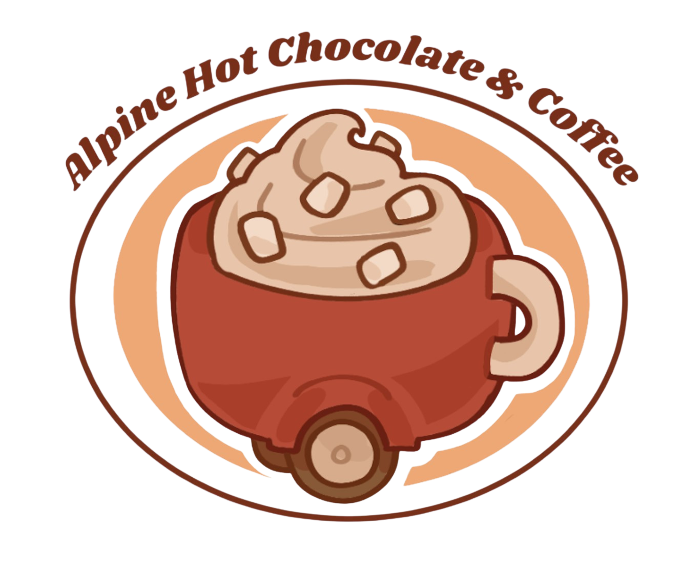 Illustration of a red mug filled with whipped cream and chocolate cubes, with the text 'Alpine Hot Chocolate & Coffee' arching above.