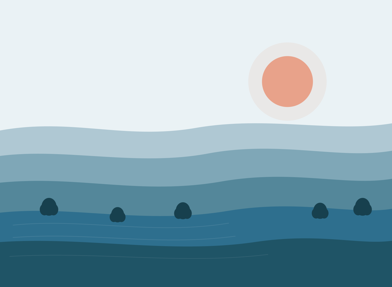 Minimalist landscape of a body of water with five small trees, ripples, a large orange sun in the sky, and layers of hills in shades of blue.