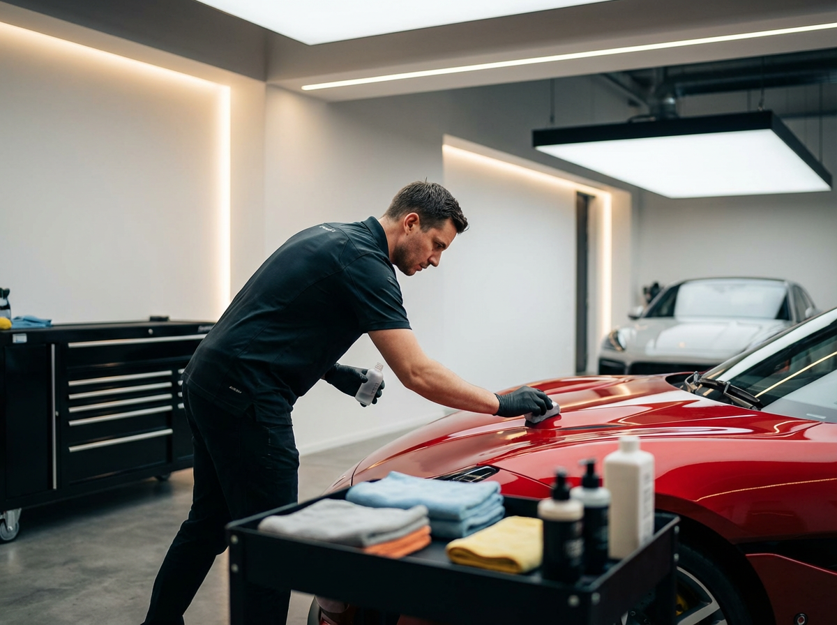 A man cleaning the hood of a red sports car in a modern garage or showroom, with tools and supplies on a cart nearby.