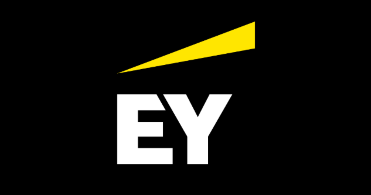 EY logo with a black background, white text, and a yellow triangular accent pointing to the right.
