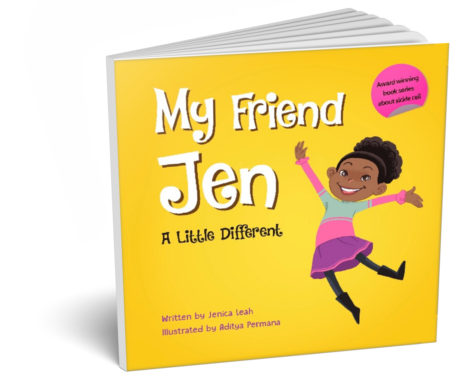 Cover of a children's book titled "My Friend Jen" with a smiling girl with dark curly hair, wearing a pink, teal, and purple outfit, jumping with arms outstretched on a yellow background. The book appears to be about sickle cell.