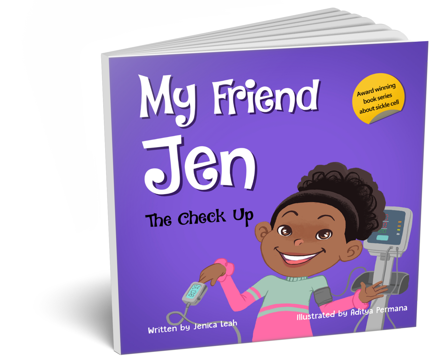 Colorful children's book cover titled "My Friend Jen: The Check Up" illustrated with a smiling young girl with curly hair holding a blood pressure cuff and an oxygen monitor, with a purple background and a yellow circle indicating it is an award-winning series about sickle cell