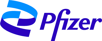Pfizer logo with a stylized blue 'P' and purple text.