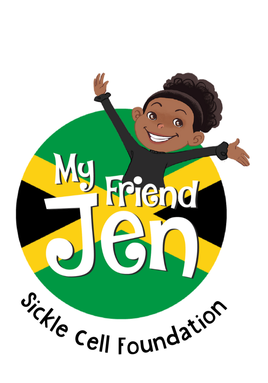 My Friend Jen Jamaica non-profit logo. My Friend Jen in a circle with the Jamaican flag colours and the children's book character and surrounding words 'Sickle Cell Foundation'.