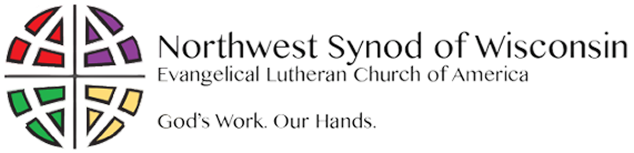 Logo of the Northwest Synod of Wisconsin Evangelical Lutheran Church of America with a stylized cross and stained glass window design.