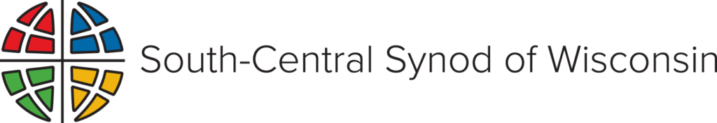 Logo of the South-Central Synod of Wisconsin featuring a colorful circular design divided into four sections with red, blue, yellow, and green, alongside the text 'South-Central Synod of Wisconsin'.