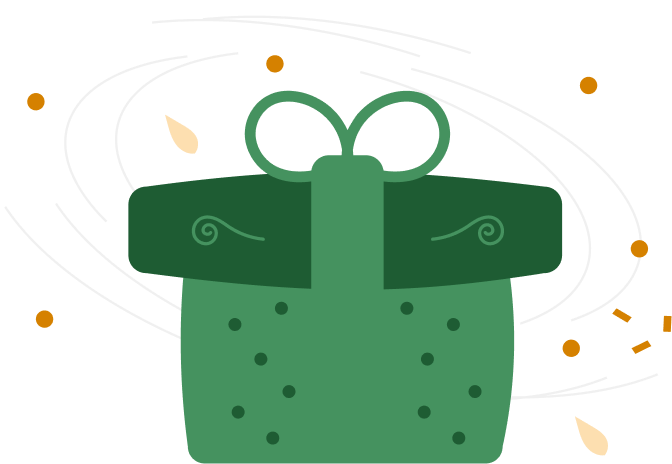 A green gift box with a bow on top, surrounded by swirling white lines and small orange and beige decorative elements on a black background.