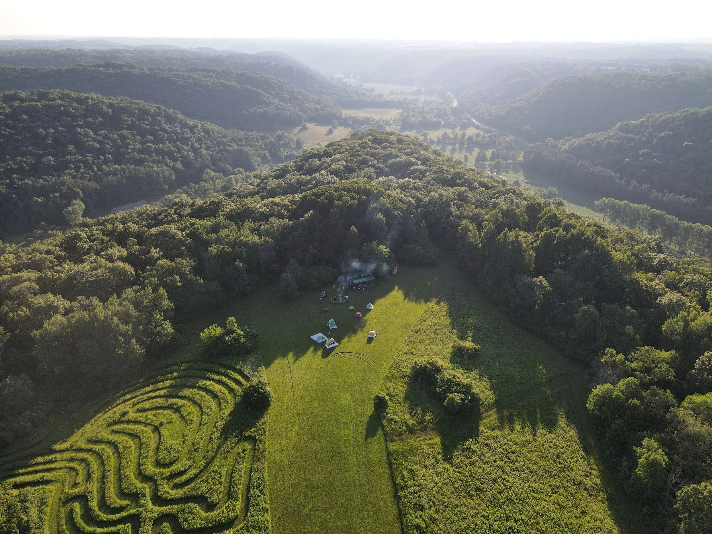 Aerial view of lush green rolling hills, dense forest, and a small clearing with tents and smoke, surrounded by a maze-shaped hedge in the foreground.