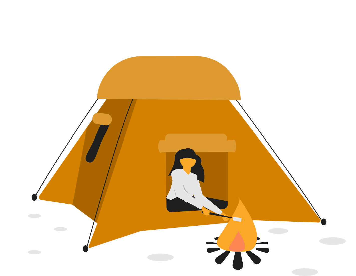 Illustration of a woman sitting by a campfire outside a yellow camping tent at night, with snow on the ground.