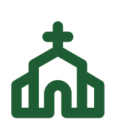 Green line drawing of a church with a steeple and cross on top