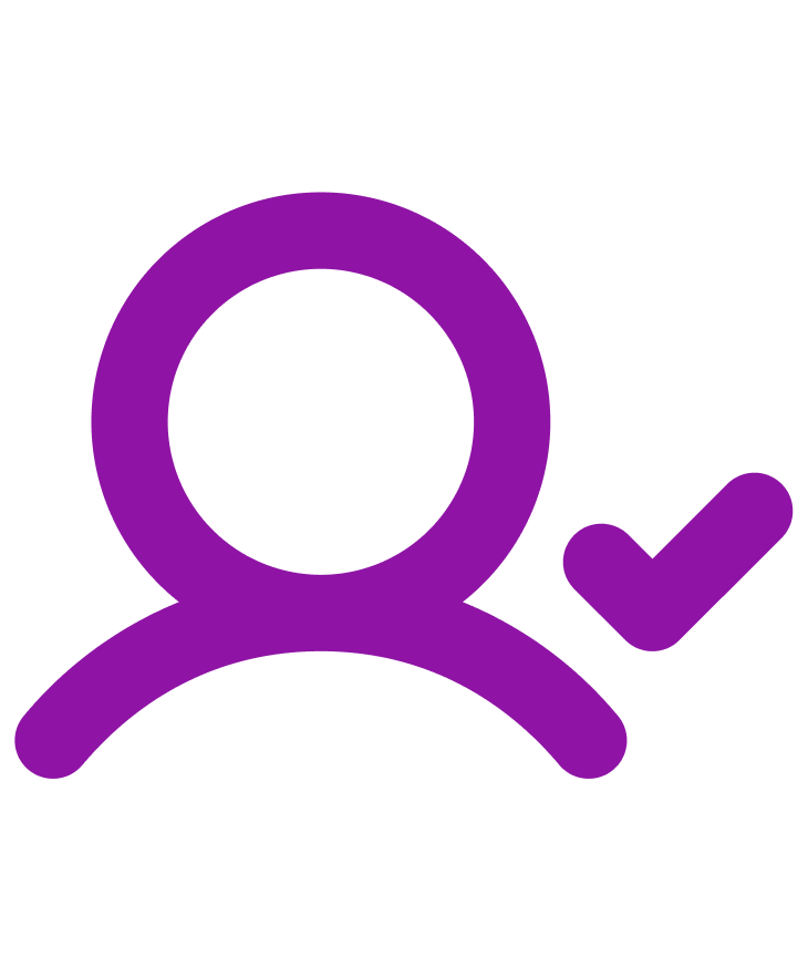 Purple icon of a person with a check mark.
