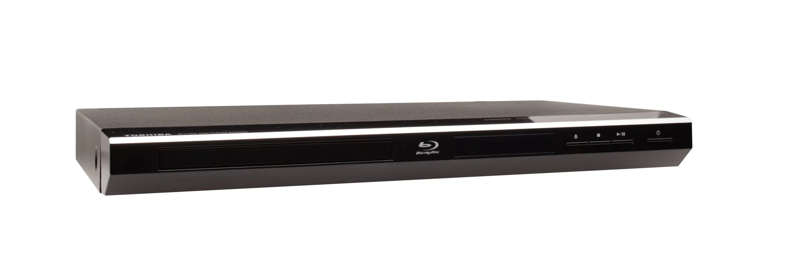 A black Blu-ray disc player with a disc tray, control buttons, and a digital display, designed for home entertainment.