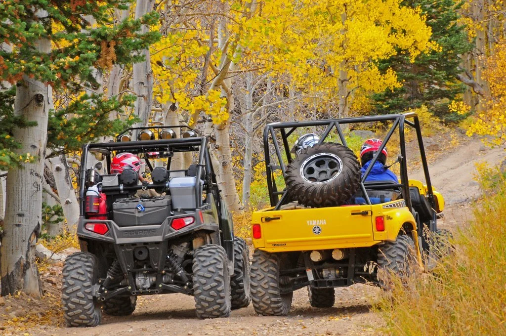 Two off-road utility vehicles, a Polaris and a Yamaha, parked on a dirt trail surrounded by autumn trees with yellow and green leaves, one of which has a large spare tire in the back.