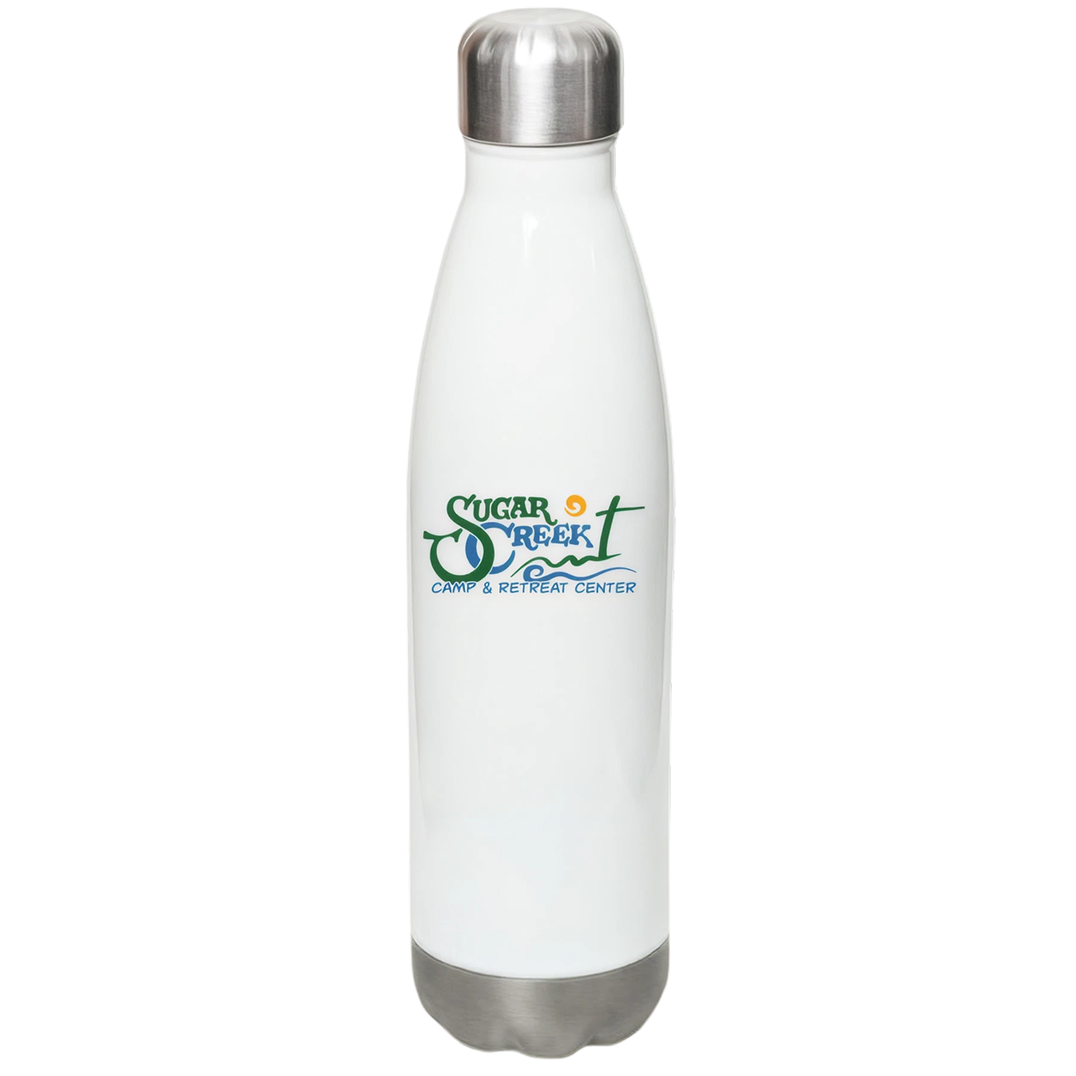 A white water bottle with a silver cap, featuring a colorful logo that says 'Sugar Creek Camp & Retreat Center' with a wave design.