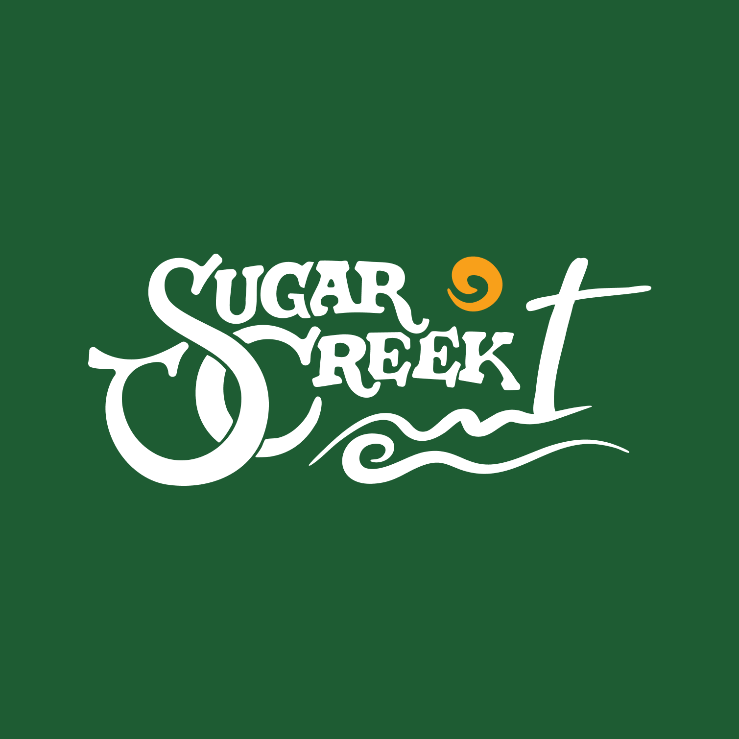 Logo for Sugar Creek with stylized text and a small orange swirl, on a green background.