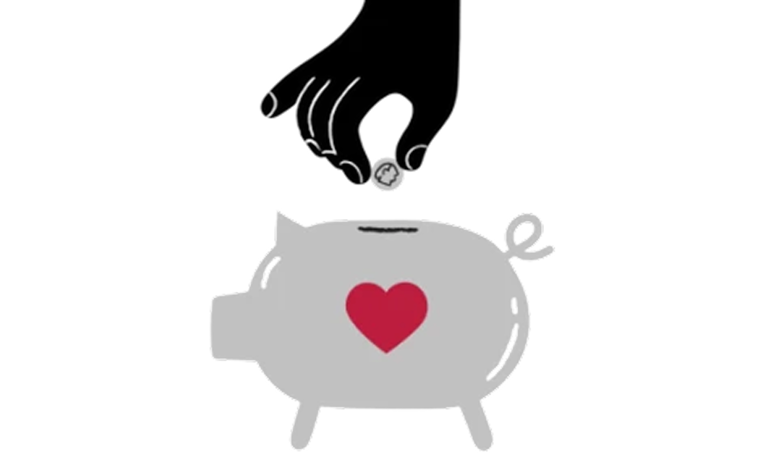 Illustration of a piggy bank with a red heart on its side, and a hand placing a coin into it.