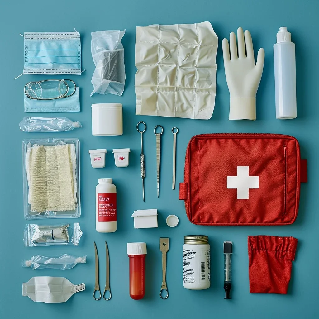 A flat lay of medical supplies and equipment, including a face mask, gloves, bandages, antiseptic spray, and a red first aid kit on a blue background.