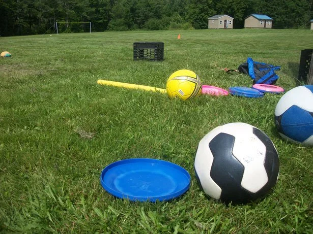 A grassy field with various sports equipment including soccer balls, a frisbee, and a foam stick, with small sheds and trees in the background.