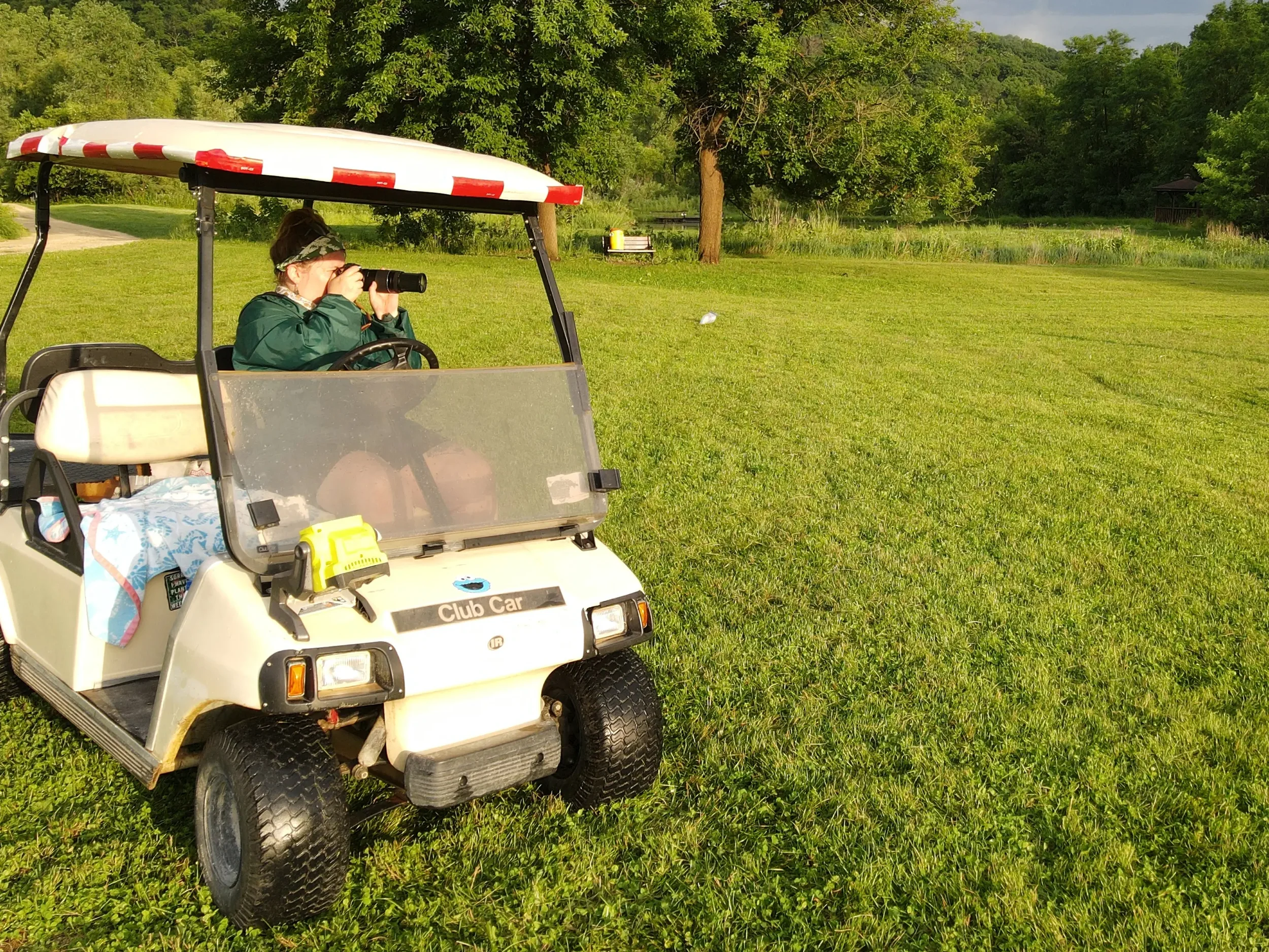 A person sitting in a golf cart taking a photo of a flying disc in a grassy field surrounded by trees.