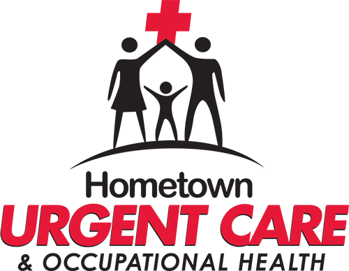 Logo for Hometown Urgent Care & Occupational Health featuring stylized figures of people and a red cross.