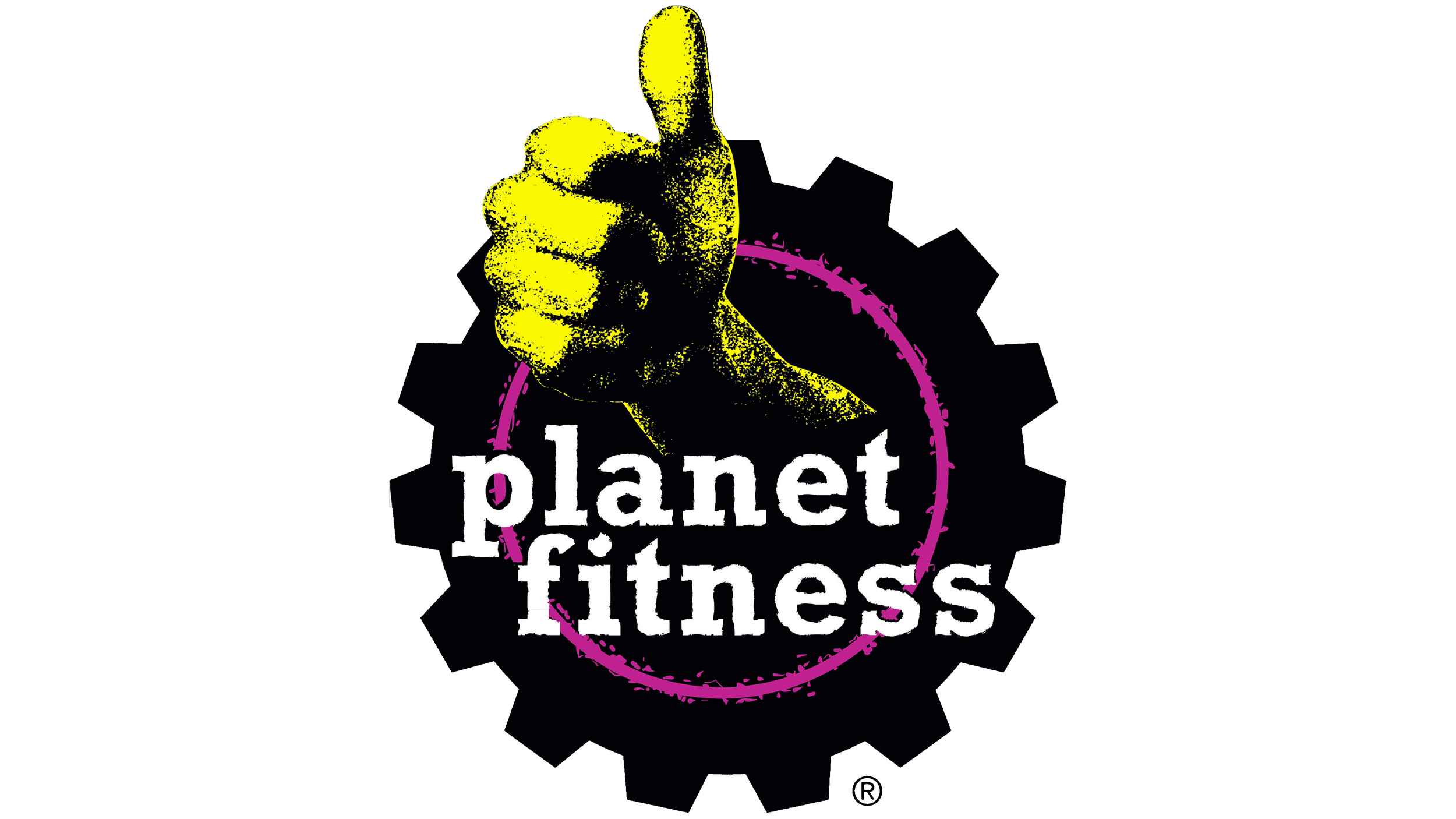 The logo of Planet Fitness featuring a yellow hand giving a thumbs-up, with the text 'planet fitness' in white and a pink circle design, set on a black background.