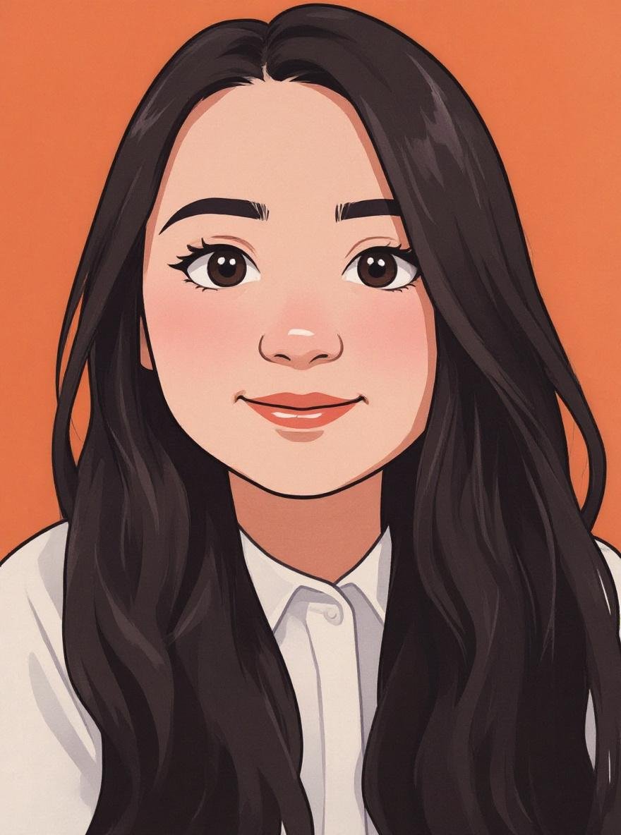 Digital illustration of a young woman with long, wavy black hair, large brown eyes, and a gentle smile, wearing a white collared shirt against a warm orange background.