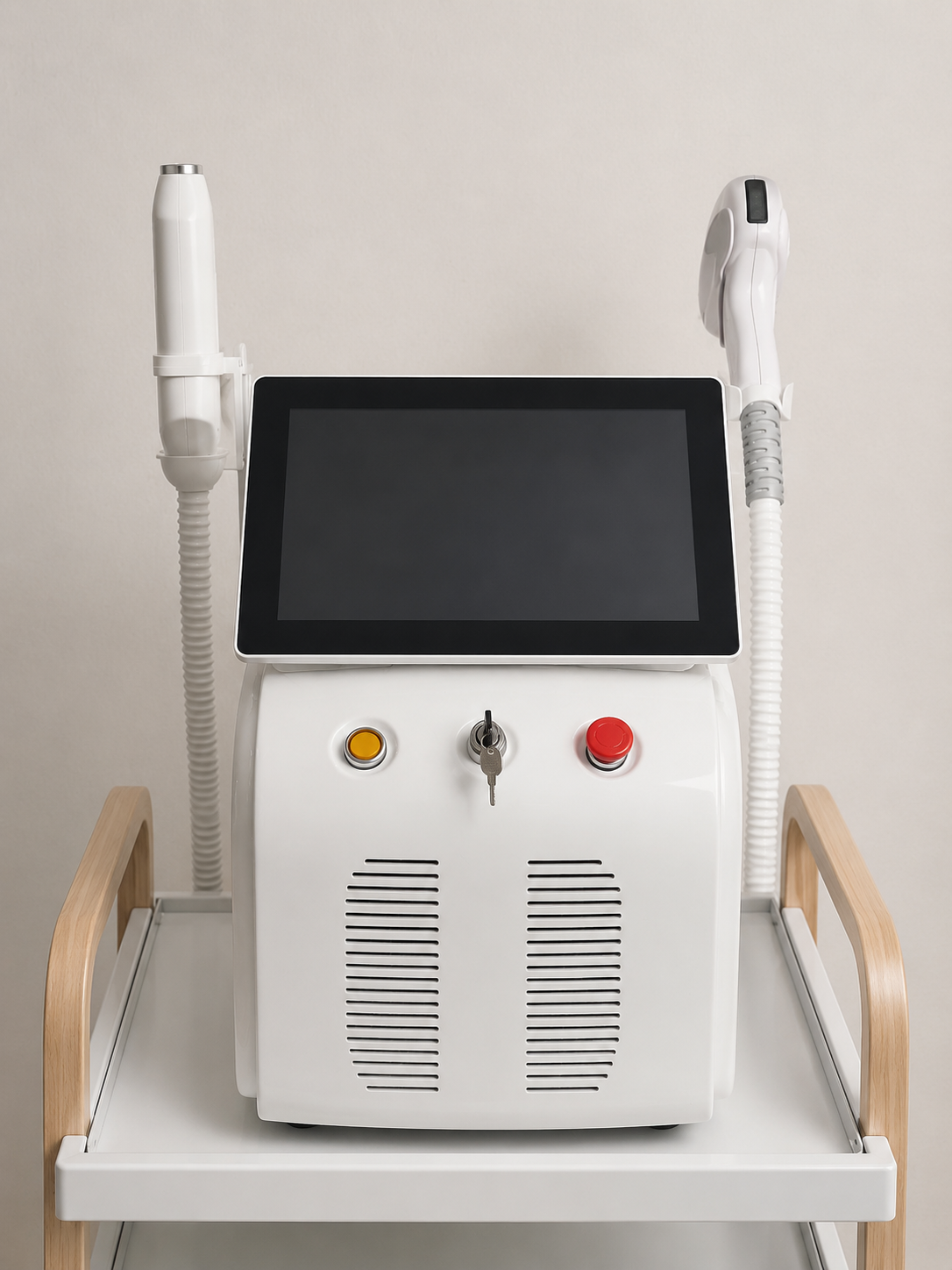 Medical laser machine with a large touchscreen display, two handheld applicators, and control buttons, placed on a white stand with wooden armrests against a plain wall.