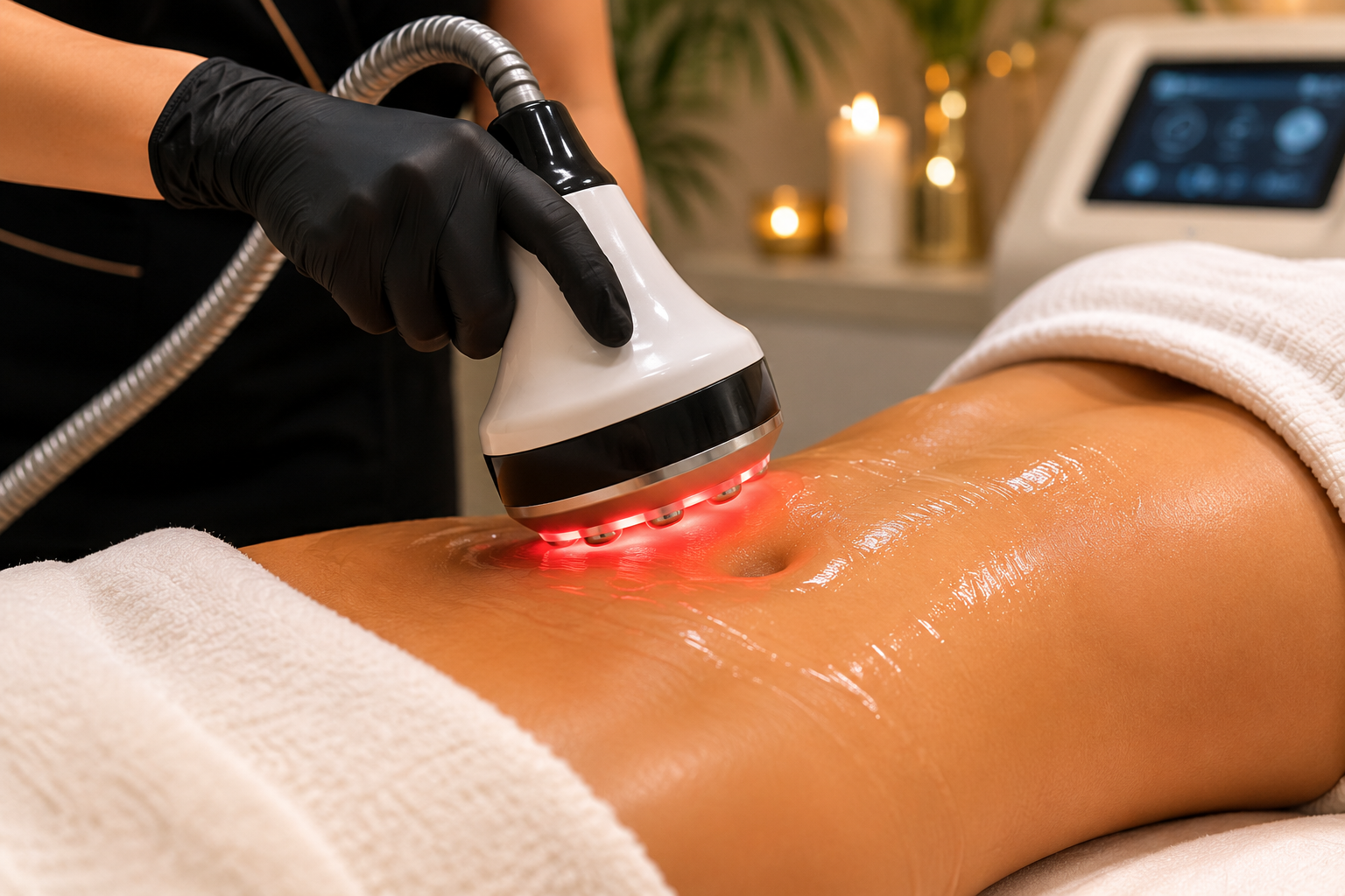 A person receiving a non-invasive body contouring treatment with a handheld device emitting red light on their abdomen while lying on a treatment table.