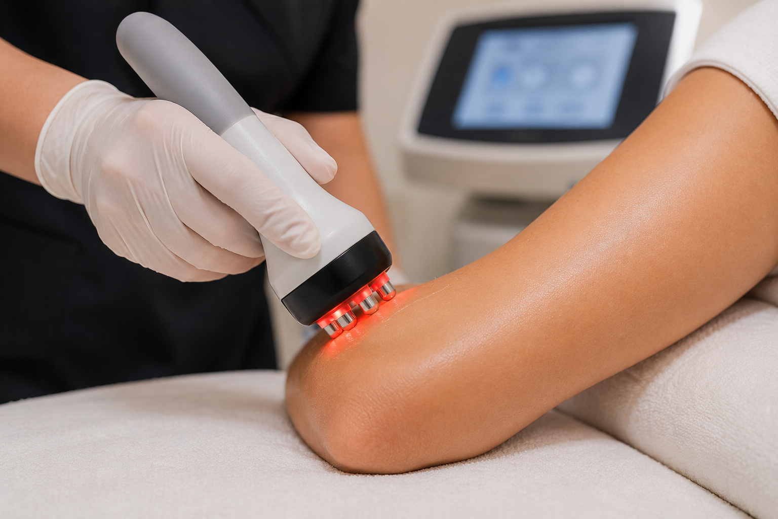 A person receiving a laser treatment on their arm from a medical professional wearing gloves, with a medical device emitting red light.